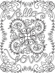 Hello Love font with Flower elements. Hand drawn with inspiration word. Doodles art for Valentine's day. Coloring for adult and kids. Vector Illustration
