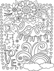 Love Sweet Love font with heart and flowers element for Valentine's day or Love Cards. Hand drawn with inspiration word. Coloring for adult and kids. Vector Illustration
