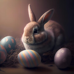 Easter bunny with easter eggs. Created with generative AI technologies