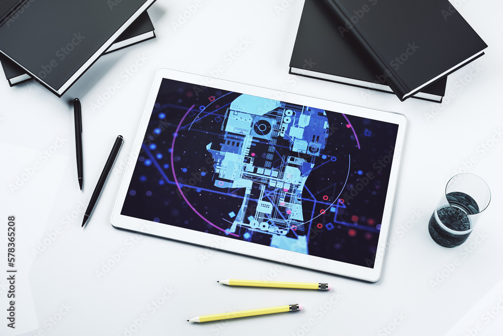 Fototapete top view of modern digital tablet monitor with creative artificial intelligence symbol. neural netwo