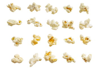 Set of tasty cheese popcorn isolated on transparent background close up, PNG. Movies, cinema and entertainment concept.