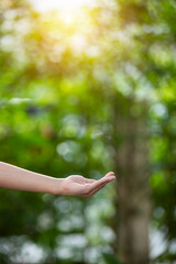 Technology, hand holding with environment Icons over the Network connection on green background.