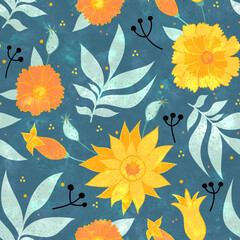 Fototapeta na wymiar Seamless pattern with floral ornament. Bright yellow flowers on a blue watercolor background. Raster illustration for design. Printing on paper or fabric.