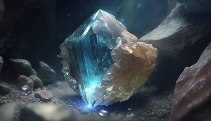 Sparkling gemstone in a cave. Generative AI