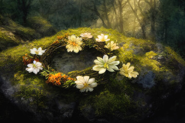 Fototapeta na wymiar Detail mountain meadow full of flowers and flower wreath. Digital art.