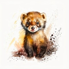 Portrait of a cute little ferret. Watercolor illustration of a pretty polecat on white background. Generative AI art.