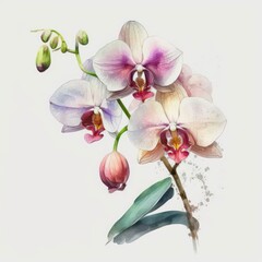 Fototapeta premium Watercolor illustration of a light pink orchid. Generative AI art.