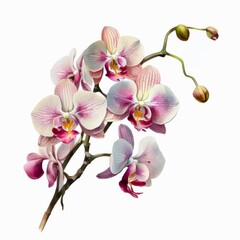 Watercolor illustration of a light pink orchid. Isolated pink flowers on white background. Generative AI art.