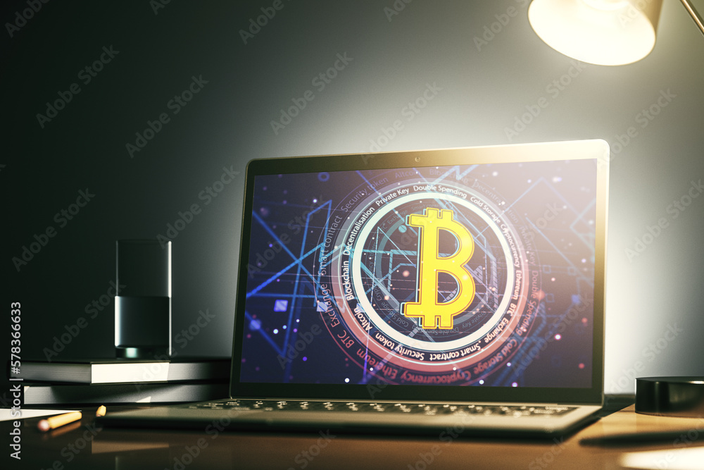 Poster Modern computer monitor with creative Bitcoin symbol. Cryptocurrency concept. 3D Rendering