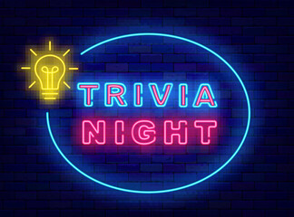 Trivia night neon sign. Ellipse frame with light bulb. Quiz show label on brick wall. Vector stock illustration