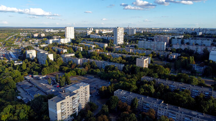 Obraz premium Photo from the drone of the Kharkov residential area. Northern Saltovka from a bird's eye view. Saltovka before the war.