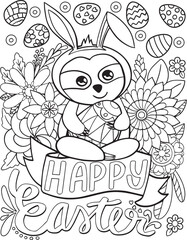 Fototapeta premium Cute Sloth with flowers and eggs element for Easter day. Hand drawn with black and white lines. Coloring for adult and kids. Vector Illustration 