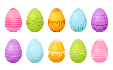Easter egg hand painted colorful flat set. Geometric line dot wavy tint paint smudge pink green yellow blue purple cartoon sticker decorating holiday atmosphere spring break food traditional isolated