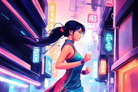illustration watercolor asian woman running, generative art by A.I