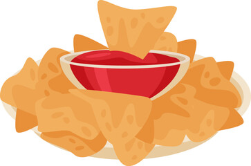 Tortilla chips with tomato salsa sauce flat illustration