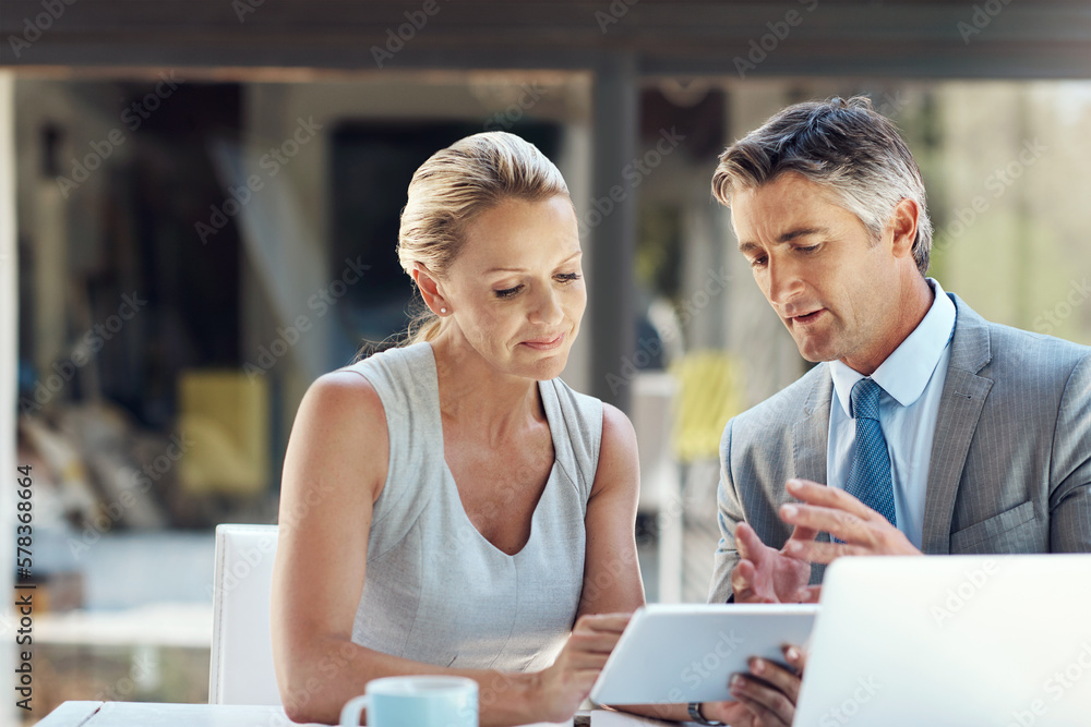 Poster maybe if we take a different approach. a dedicated mature business couple discussing their ideas wit