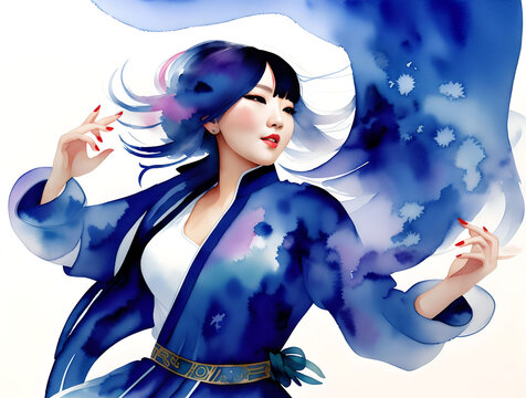 illustration watercolor asian woman dancing, generative art by A.I