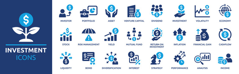 Investment icon set. Containing investor, mutual fund, asset, risk management, economy, financial gain, interest and stock icons. Solid icon collection. - obrazy, fototapety, plakaty