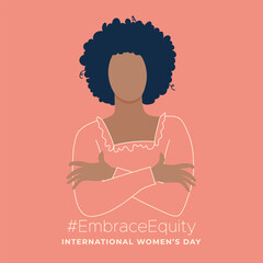 International Women's Day. March 8. Front view portrait woman. Woman hugging self. #EmbraceEquity. Vector illustration, flat design