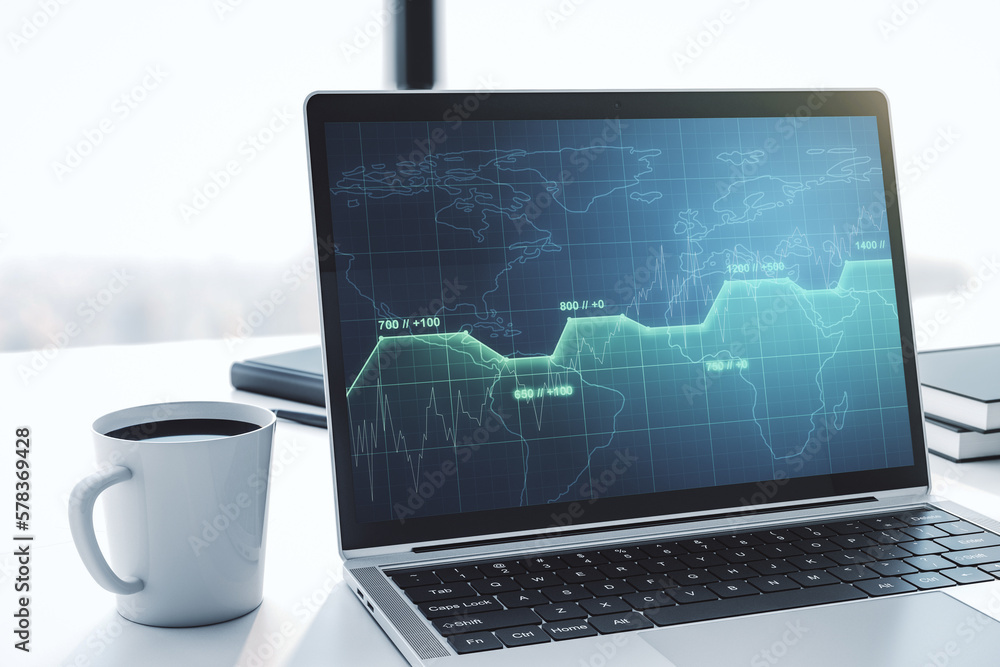 Poster modern computer monitor with abstract creative statistics data hologram, statistics and analytics co