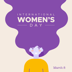 International Women's Day. March 8. Woman portrait with long hair. Violet and yellow colors. Concept of human rights, equality. Vector illustration, flat design