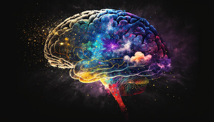 Colorful brain floating inside a galaxy of stars. Created using generative AI.