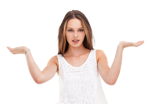 A confused woman with arms up and showing an indecisive choice of gesture isolated on a png background
