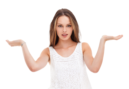 A confused woman with arms up and showing an indecisive choice of gesture isolated on a png background
