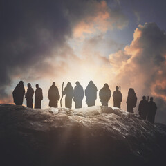A group of the 12 Disciple Apostles of Jesus Christ are standing on a rock mountain for a biblical christian message about faith and religion. - obrazy, fototapety, plakaty