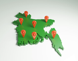 Bangladesh map with all divisions. 3D Bangladesh map with location icon. 3D Rendering