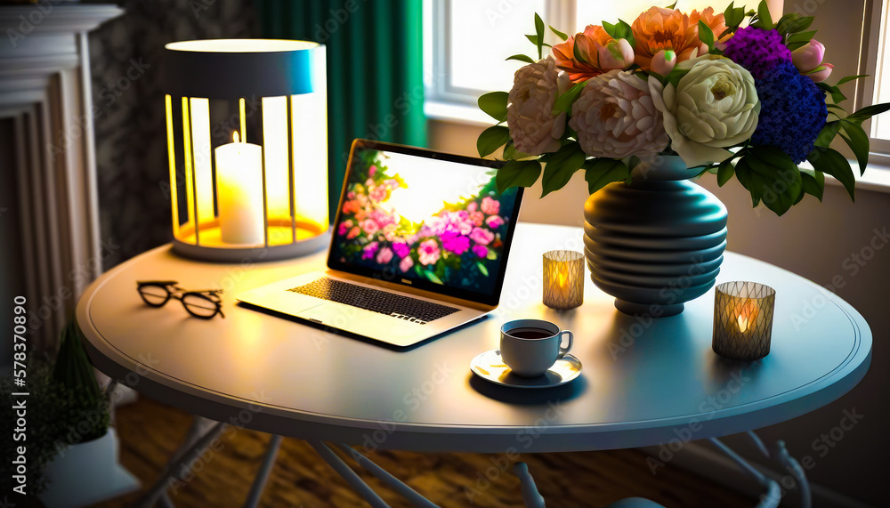 Poster laptop computer sitting on top of table next to vase of flowers. generative ai.