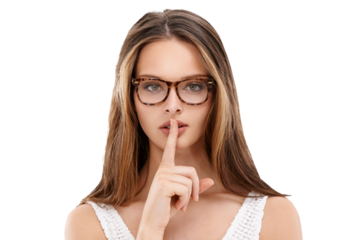 With a smoldering gaze and stylish glasses, the enchanting model entices to keep secrecy, urging them to embrace privacy with finger on her lips isolated on a png background. 