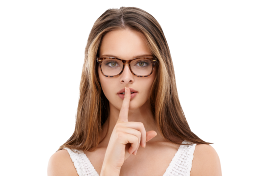 With a smoldering gaze and stylish glasses, the enchanting model entices to keep secrecy, urging them to embrace privacy with finger on her lips isolated on a png background. 
