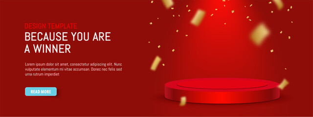 Red 3d platform. Minimalistic premium design. Winner pedestal. Realistic render round retail display. Sale horizontal banner with push button. Falling gold glowing confetti. Coming soon. Soon on sale - 578371214