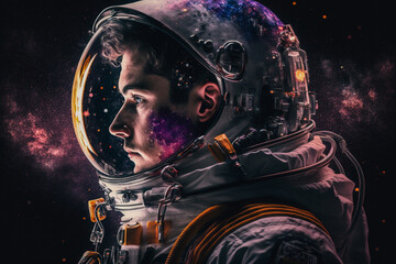 Fototapeta na wymiar astronaut portrait, in space operation, male astronaut, against the background of space, stars, AI