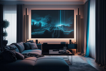 Interior of living room with contemporary TV, generative ai