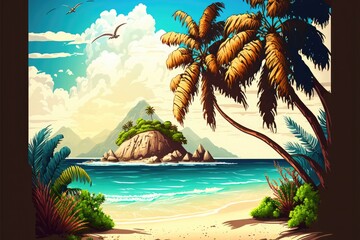 Obraz na płótnie Canvas Sandy tropical beach with small island on the background. Generative AI illustration.