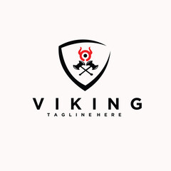 Vikings logo design. Nordic warrior symbol. Horned Norseman coat of arms. Male head icon with horns and beard helmet. viking head brand identity vector - vector