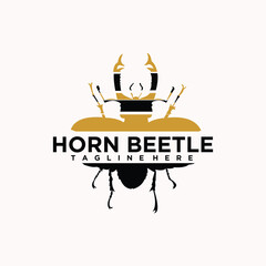 Hand drawn sketch of beetle with horns. Vector illustration of insect. Black and white entomological drawing of bug. Element for icon, logo,