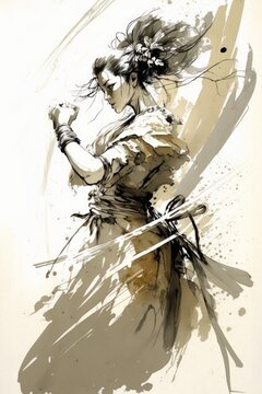 Abstract Female Elegant Japanese Warrior Gauche Painting - High Resolution Wallpaper / Poster / Wall Art / Background - Vertical Generative Ai Illustration 