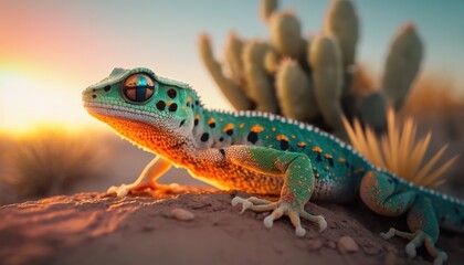 Naklejka premium Gecko close up in the sunset, made with generated ai
