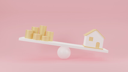 Home and coin stacks on balancing scale on pink background. Real estate business mortgage investment and financial loan concept. House mortgage. Residential finance economy. 3D rendering