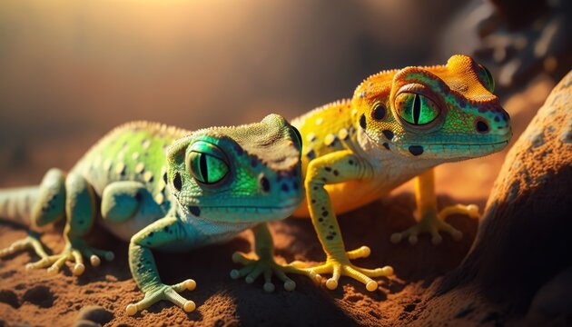 Gecko close up in the sunset, made with generated ai