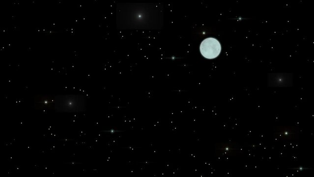 4K Loopable night sky animation with a full moon and various sizes and shaped stars subtly twinkling on a black background for luma keying if required.