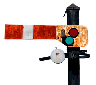 Old vintage italian railway traffic light indicator showing, signal with red orange and green len
