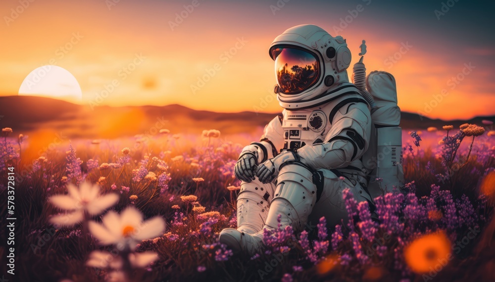 Wall mural astronaut sitting in a flower fiels on another planet, made with generated ai