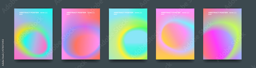 Poster Color gradient backgrounds, color gradation abstract holographic vector posters. Neon colors soft blend mesh, iridescent translucent and fluorescent chromatic backdrops