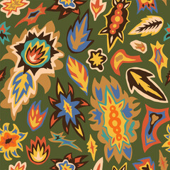 Folk, ethnic, hippie seamless pattern with 70s retro vibes. Abstract colorful tribal spots repeat, blots backdrop.