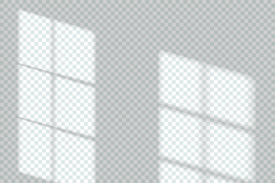 Window shadow light reflected on wall background, vector sun shade overlay effect. Window shadow in sunlight on transparent wall texture, room backdrop mockup