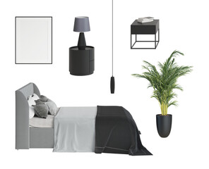 A set of isolated bedroom furniture 6. Side view. Modern bed with pillows and dark gray bedspread, a lamp on a round nightstand, a book on a rectangular nightstand, pendant, plant, poster. 3d render